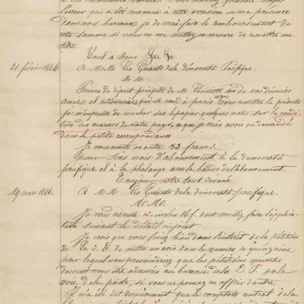 Jean-Baptiste André Godin aux gérants de La Démocratie pacifique, 12 janvier 1846