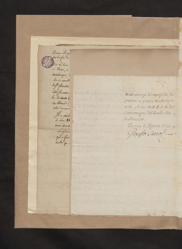 Lettre de Joseph Sacco ministre de Parme à Robert-Martin Le Suire secrétaire de Son Altesse Royale, folio 7_gauche Lettre de Joseph Sacco ministre de Parme à Robert-Martin Le Suire secrétaire de Son Altesse Royale, folio 7_gauche