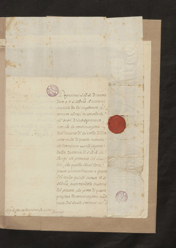 Lettre de Joseph Sacco ministre de Parme à Robert-Martin Le Suire secrétaire de Son Altesse Royale, folio 6_droite Lettre de Joseph Sacco ministre de Parme à Robert-Martin Le Suire secrétaire de Son Altesse Royale, folio 6_droite