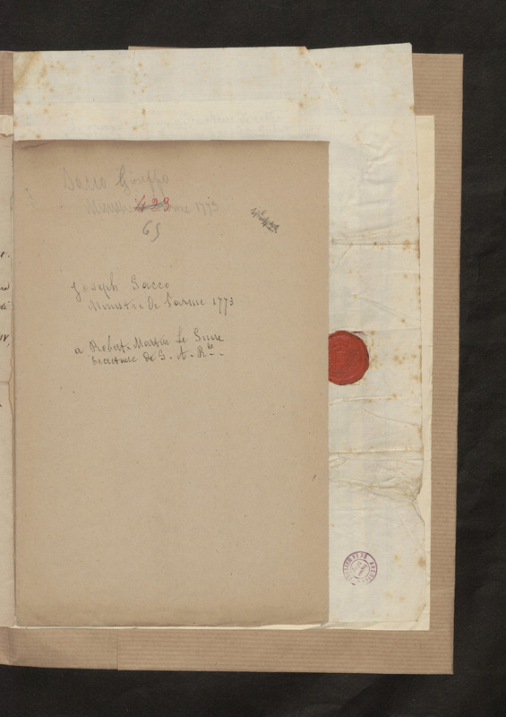 Lettre de Joseph Sacco ministre de Parme à Robert-Martin Le Suire secrétaire de Son Altesse Royale, folio 5_droite Lettre de Joseph Sacco ministre de Parme à Robert-Martin Le Suire secrétaire de Son Altesse Royale, folio 5_droite