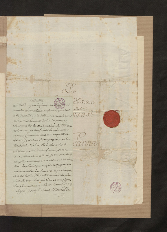 Lettre de Joseph Sacco ministre de Parme à Robert-Martin Le Suire secrétaire de Son Altesse Royale, folio 8_droite Lettre de Joseph Sacco ministre de Parme à Robert-Martin Le Suire secrétaire de Son Altesse Royale, folio 8_droite