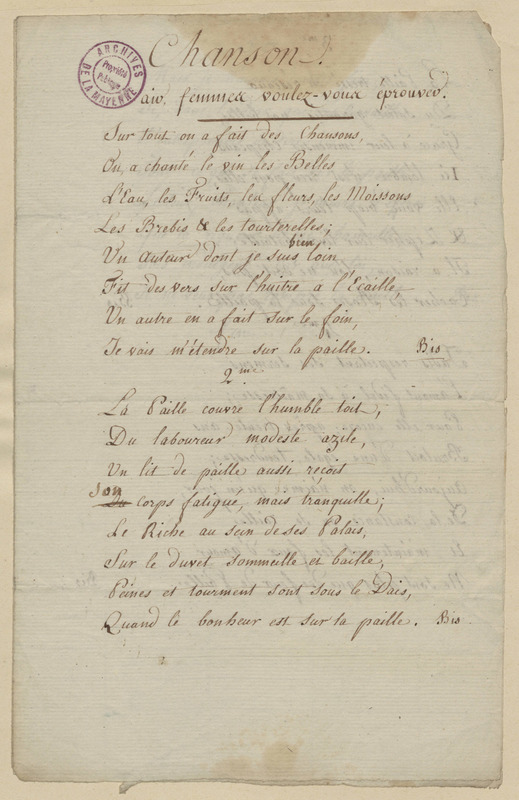 Chanson. Air : femmes, voulez-vous éprouver ?, folio 72_droite Chanson. Air : femmes, voulez-vous éprouver ?, folio 72_droite