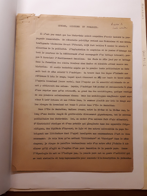 Lyrisme, existence et publicité (1956) Lyrisme, existence et publicité (1956)