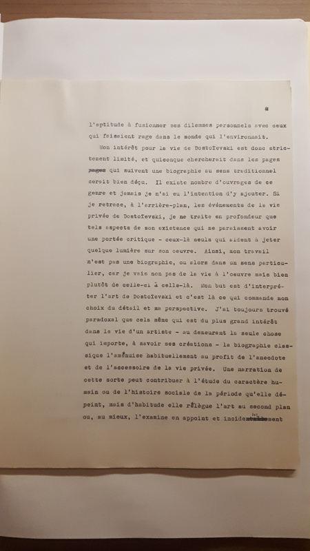 Tapuscrit de la présentation de <em>Joseph Frank, Dostoïevski, les germes de la révolte, 1821-1849 </em>(1981) Tapuscrit de la présentation de <em>Joseph Frank, Dostoïevski, les germes de la révolte, 1821-1849 </em>(1981)
