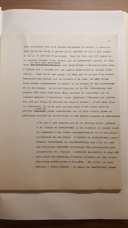 Tapuscrit de la présentation de <em>Joseph Frank, Dostoïevski, les germes de la révolte, 1821-1849 </em>(1981) Tapuscrit de la présentation de <em>Joseph Frank, Dostoïevski, les germes de la révolte, 1821-1849 </em>(1981)