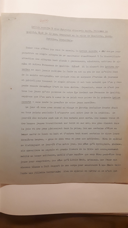 Lettre ouverte à Miss Patricia Elizabeth Smith Lettre ouverte à Miss Patricia Elizabeth Smith