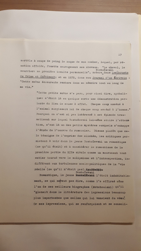 Tapuscrit de la présentation de <em>Joseph Frank, Dostoïevski, les germes de la révolte, 1821-1849 </em>(1981) Tapuscrit de la présentation de <em>Joseph Frank, Dostoïevski, les germes de la révolte, 1821-1849 </em>(1981)