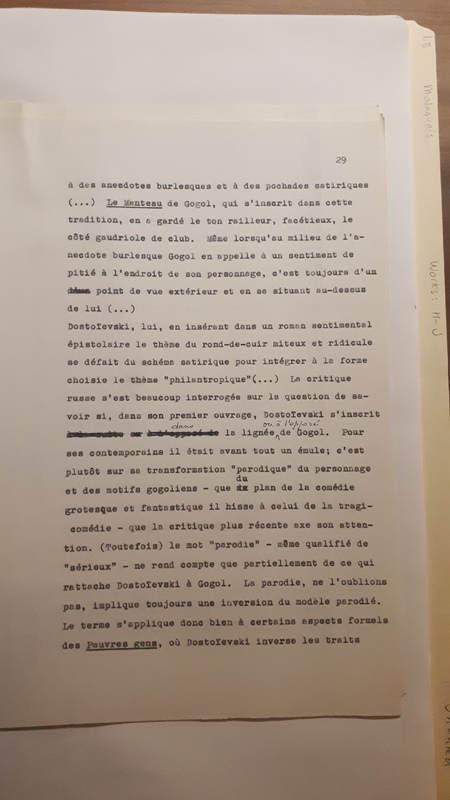 Tapuscrit de la présentation de <em>Joseph Frank, Dostoïevski, les germes de la révolte, 1821-1849 </em>(1981) Tapuscrit de la présentation de <em>Joseph Frank, Dostoïevski, les germes de la révolte, 1821-1849 </em>(1981)