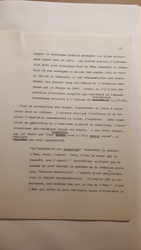 Tapuscrit de la présentation de <em>Joseph Frank, Dostoïevski, les germes de la révolte, 1821-1849 </em>(1981) Tapuscrit de la présentation de <em>Joseph Frank, Dostoïevski, les germes de la révolte, 1821-1849 </em>(1981)