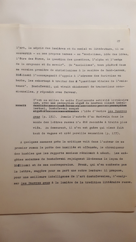 Tapuscrit de la présentation de <em>Joseph Frank, Dostoïevski, les germes de la révolte, 1821-1849 </em>(1981) Tapuscrit de la présentation de <em>Joseph Frank, Dostoïevski, les germes de la révolte, 1821-1849 </em>(1981)