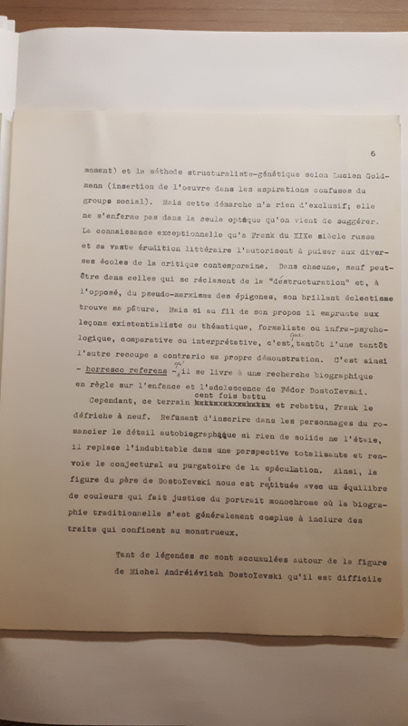 Tapuscrit de la présentation de <em>Joseph Frank, Dostoïevski, les germes de la révolte, 1821-1849 </em>(1981) Tapuscrit de la présentation de <em>Joseph Frank, Dostoïevski, les germes de la révolte, 1821-1849 </em>(1981)
