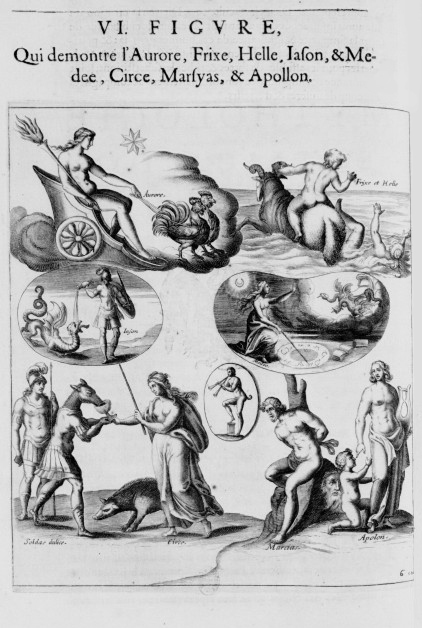 Mythologie, Paris, 1627 - VI. Figure, Qui demontre l'Aurore, Frixe, Helle, Jason et Médée, Circé, Marsyas & Apollon, p. 534