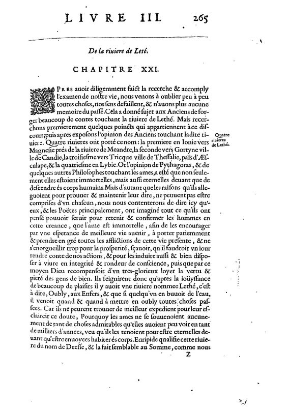 Mythologie, Paris, 1627 - III, 21 : De la riviere de Leté, p. 265