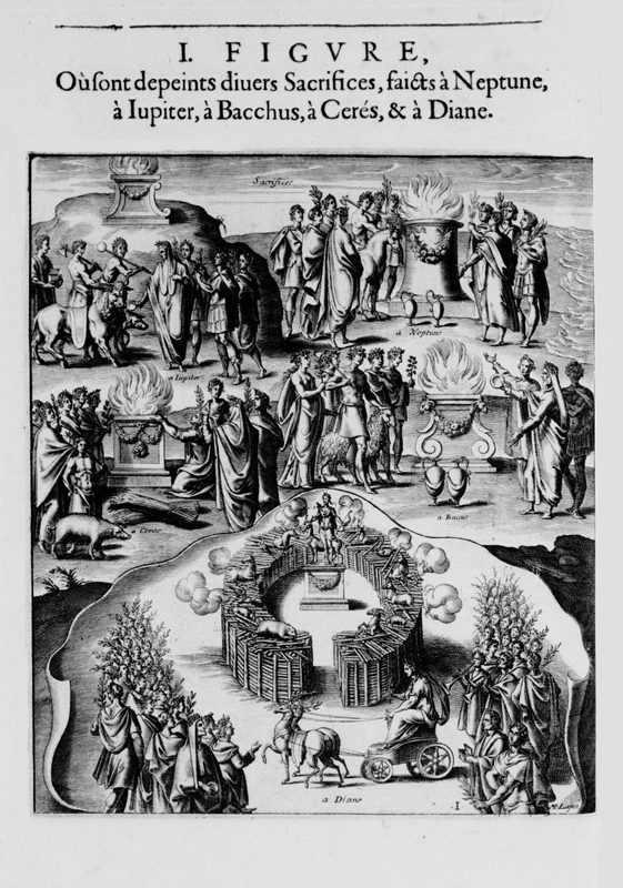 Mythologie, Paris, 1627 - I. Figure, Où sont dépeints divers sacrifices, faicts à Neptune, à Jupiter, à Bacchus, à Cérés, et à Diane, n.p.