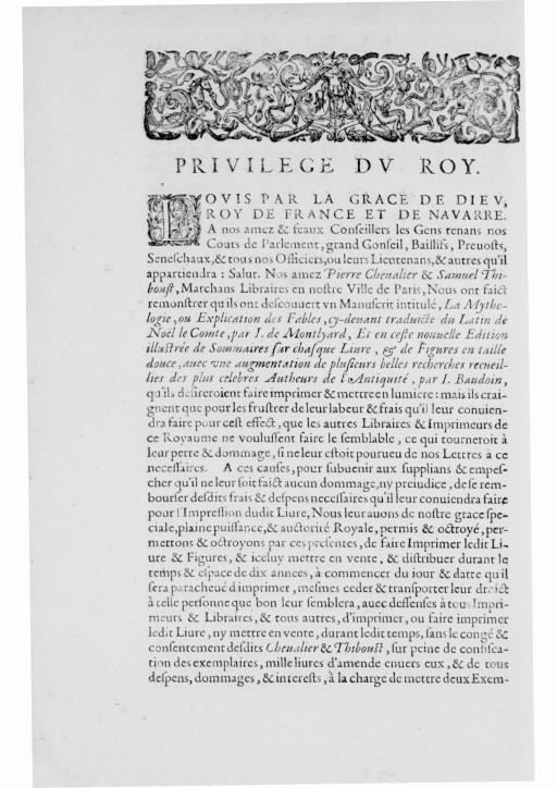 Mythologie, Paris, 1627 - Recherches : Privilège, n.p.