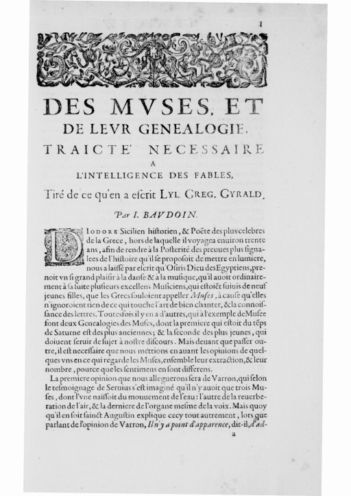 Mythologie, Paris, 1627 - Recherches : Des Muses et de leur généalogie, p. 1