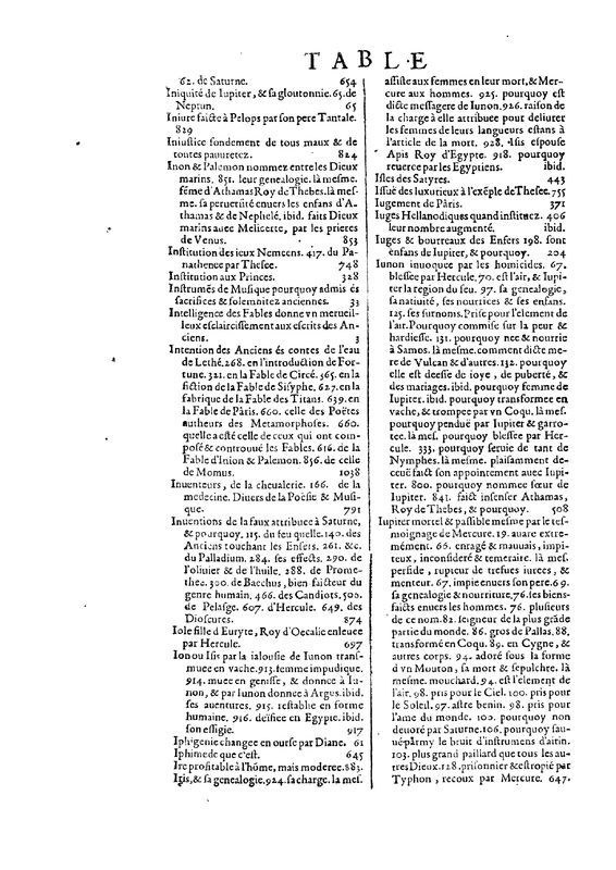 Mythologie, Paris, 1627 - Table des matières, n.p.