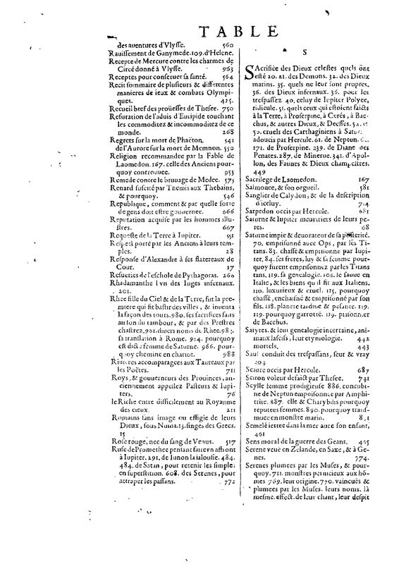Mythologie, Paris, 1627 - Table des matières, n.p.