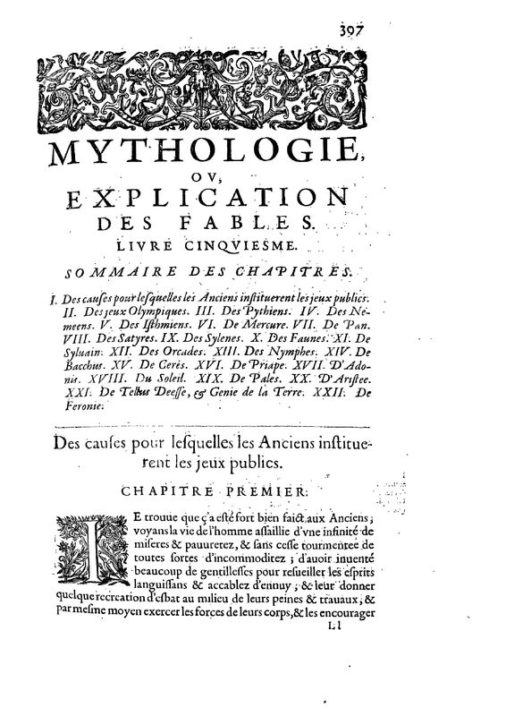 Mythologie, Paris, 1627 - V, 1 : Des causes pour lesquelles les Anciens instituerent les jeux publics, p. 397