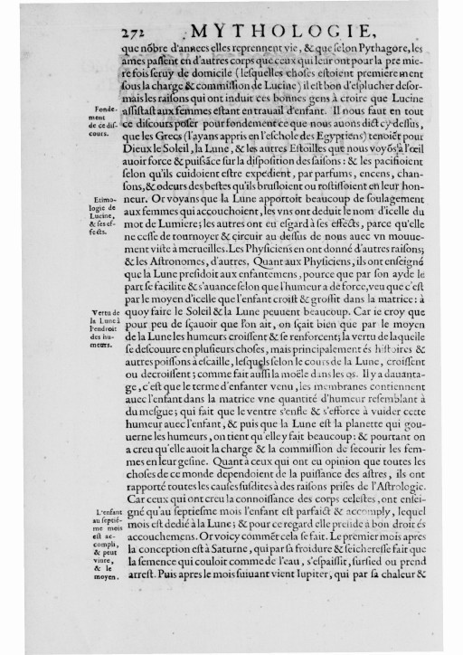 Mythologie, Paris, 1627 - IV, 1 : Pourquoy les Anciens ont creu que Lucine assistoit aux femmes en leurs accouchemens, p. 272