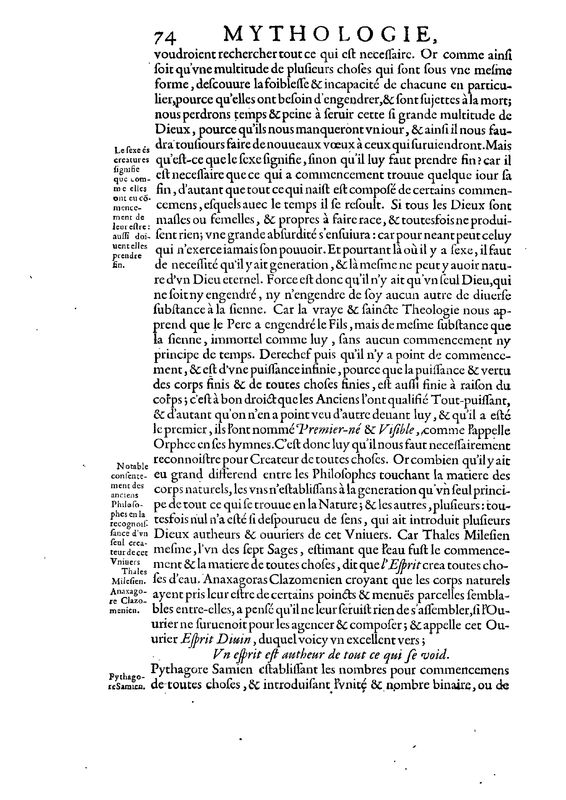Mythologie, Paris, 1627 - II, 1 : D’un seul Dieu, principe & Createur de toutes choses, p. 74