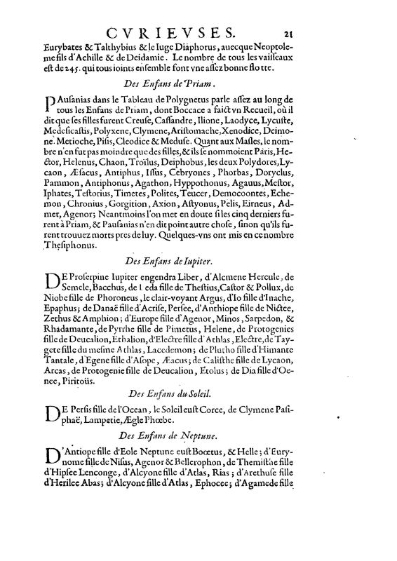 Mythologie, Paris, 1627 - Recherches : Observations curieuses sur divers sujets de la mythologie, p. 21
