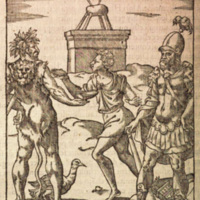 Mythologie, Lyon, 1612 - Hercule tient un vase dans lequel un échanson lui verse à boire ; Hercule armé