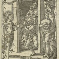 Images, Lyon, 1581 - 01: La caverne de l'Eternité, à la porte se tiennent Apollon et la Nature
