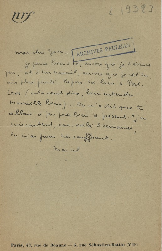 Lettre de Marcel Arland à Jean Paulhan, 1932