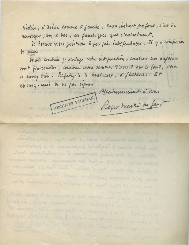 Lettre de Roger Martin du Gard à Jean Paulhan, 1934-02-25 Lettre de Roger Martin du Gard à Jean Paulhan, 1934-02-25