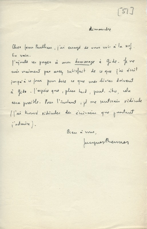 Lettre de Jacques Brenner à Jean Paulhan, 1951