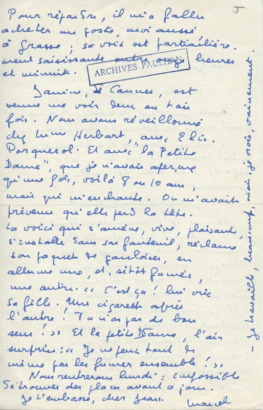 Lettre de Marcel Arland à Jean Paulhan, 1958