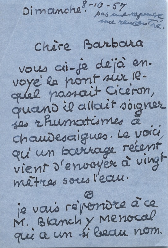 Lettre de Jean Paulhan à Barbara Church (10 août 1957)