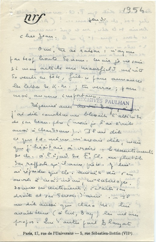 Lettre de Marcel Arland à Jean Paulhan, 1954 Lettre de Marcel Arland à Jean Paulhan, 1954
