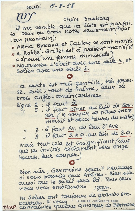 Lettre de Jean Paulhan à Barbara Church (8 juin 1958)