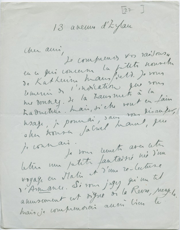 Lettre de Jacques de Lacretelle à Jean Paulhan (22 décembre 1927)