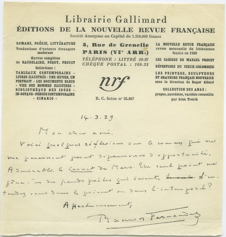 Lettre de Ramon Fernandez à Jean Paulhan (14 mars 1929)