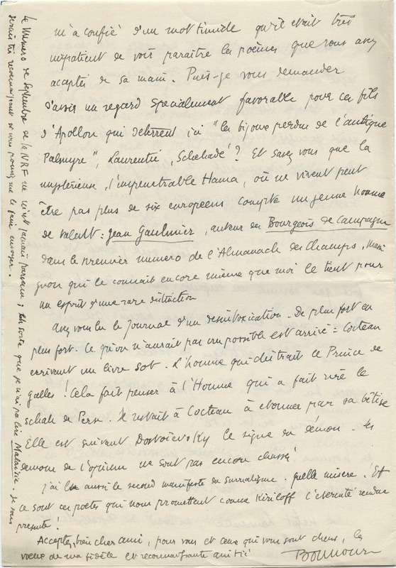 Lettre de Gabriel Bounoure à Jean Paulhan, 1931-01-10