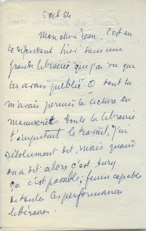 Lettre de René-Louis Doyon à Jean Paulhan, 1954-10-05