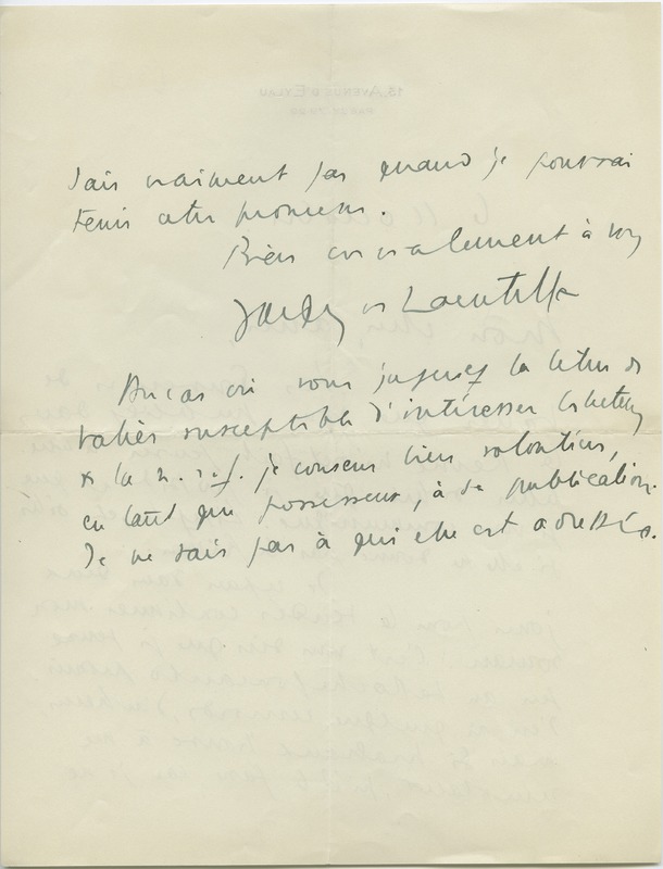 Lettre de Jacques de Lacretelle à Jean Paulhan (11 octobre 1930)