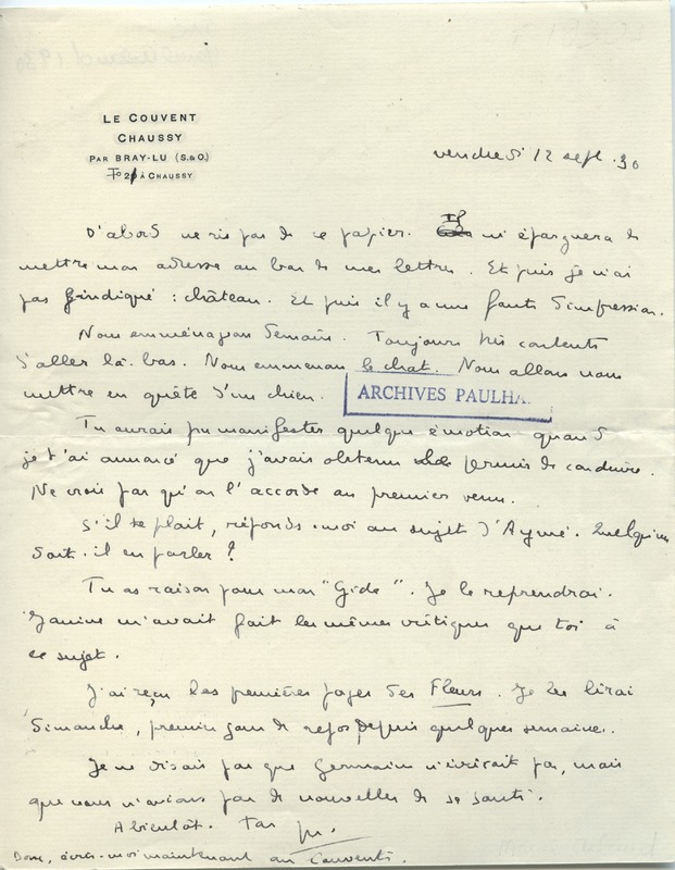 Lettre de Marcel Arland à Jean Paulhan, 1930-09-12