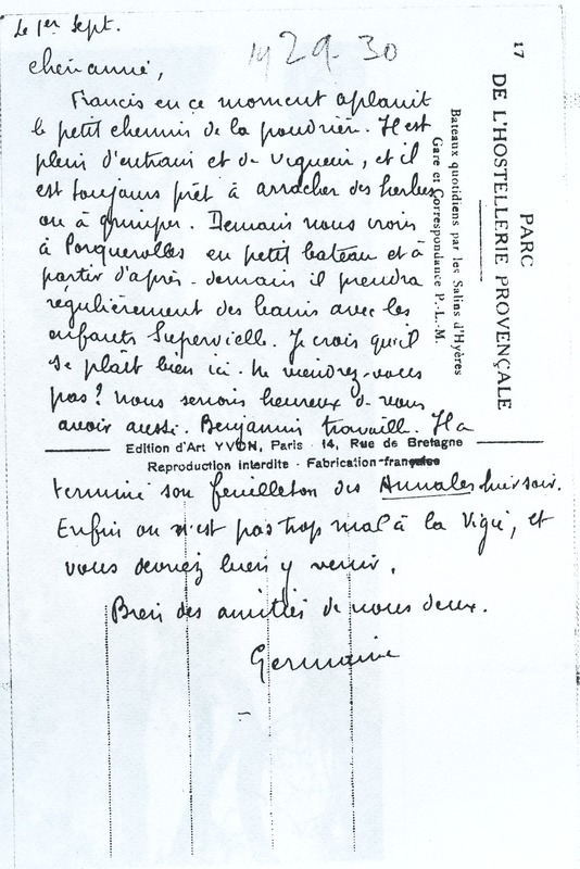 Lettre de Germaine Paulhan à Marie-Anne Commène, 1929-09-01