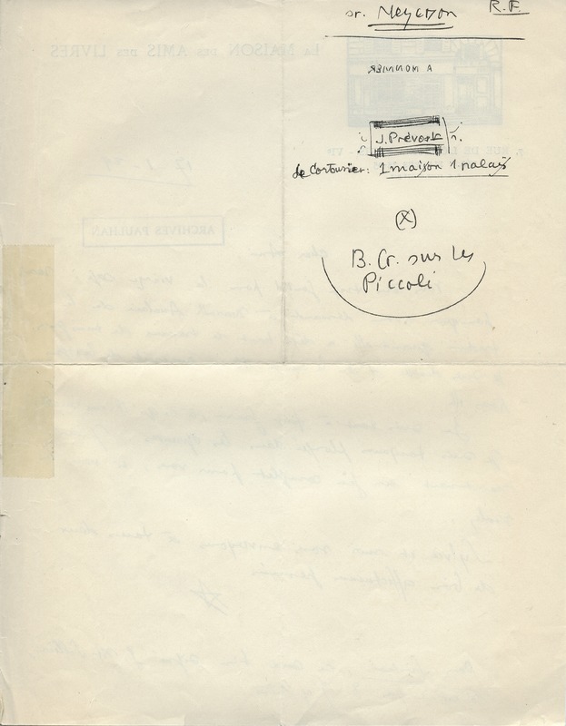 Lettre d'Adrienne Monnier à Jean Paulhan, 1929-01-29