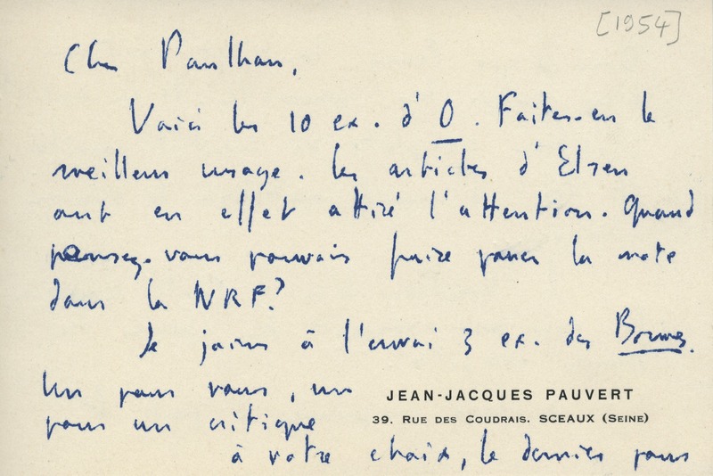 Lettre de Jean-Jacques Pauvert à Jean Paulhan, 1954