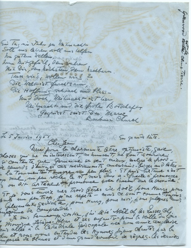 Lettre de Barbara Church à Jean Paulhan (5 janvier 1951)