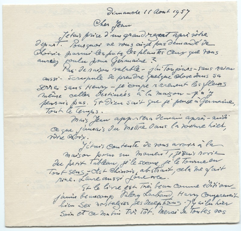 Lettre de Barbara Church à Jean Paulhan (11 août 1957) Lettre de Barbara Church à Jean Paulhan (11 août 1957)