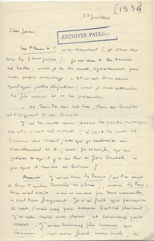 Lettre de Marcel Arland à Jean Paulhan, 1936-07-27 Lettre de Marcel Arland à Jean Paulhan, 1936-07-27
