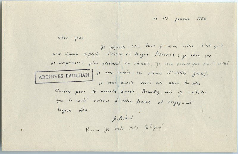Lettre d'Armand Robin à Jean Paulhan (1er janvier 1950) Lettre d'Armand Robin à Jean Paulhan (1er janvier 1950)