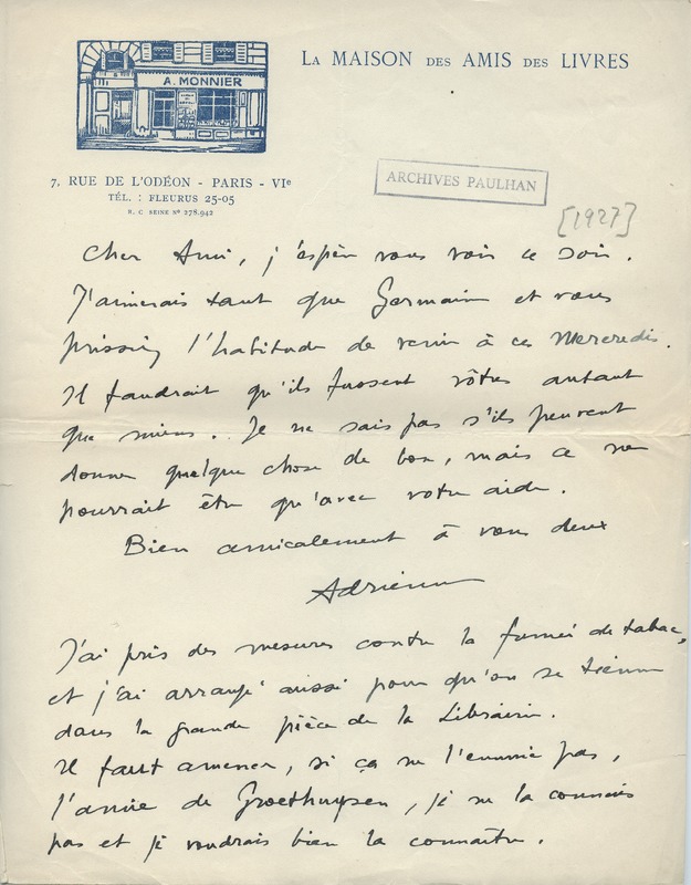 Lettre d'Adrienne Monnier à Jean Paulhan, 1927