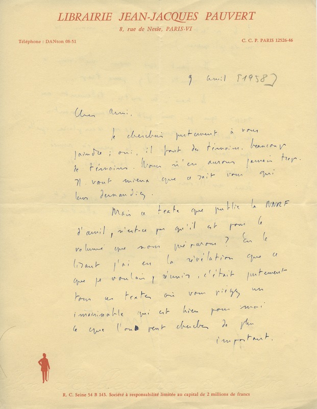 Lettre de Jean-Jacques Pauvert à Jean Paulhan, 1958-04-09